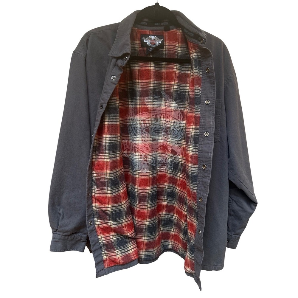Harley-Davidson Rare 2007 Mens Canvas Flannel Lined Shirt Jacket  Gray‎ Large - Picture 7 of 9